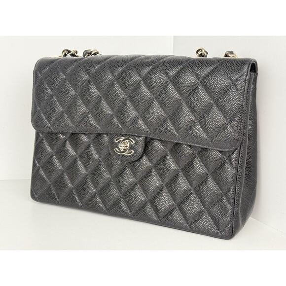 Chanel Jumbo Classic Flap Bag Black Caviar Leather Silver Hardware B-5 - Picture 2 of 16